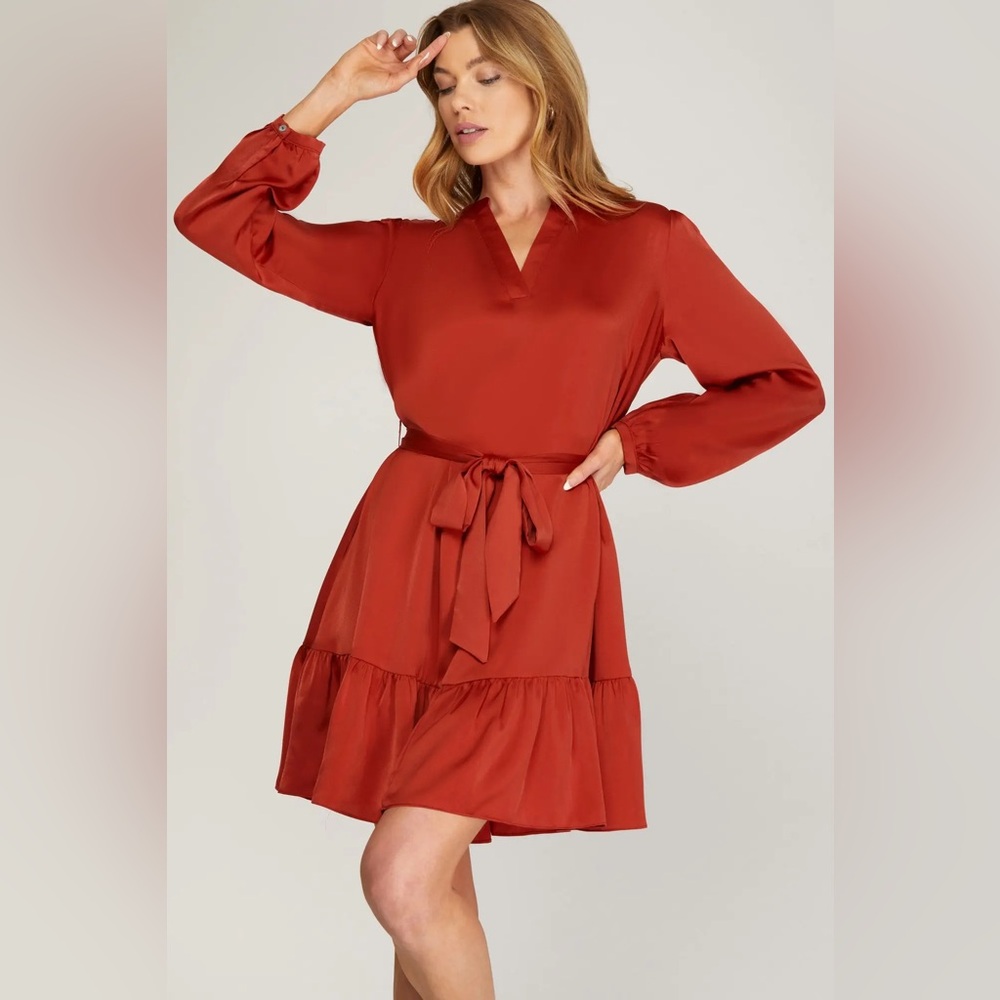 064 She + Sky Red Long Sleeve Dress